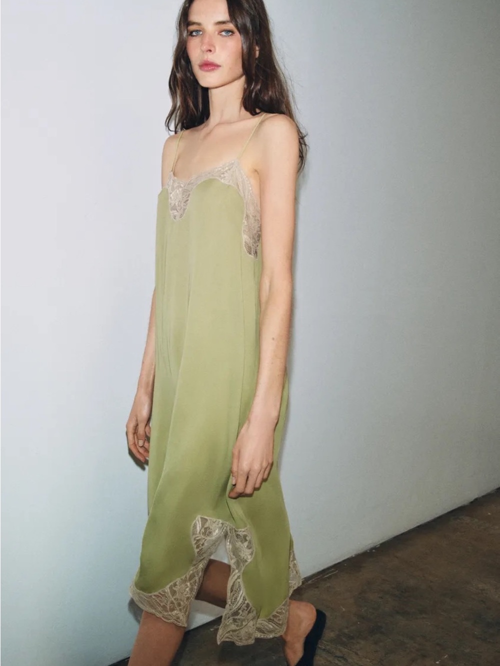 Zara Olive Green Slip Midi Dress with Cream Lace Trim
